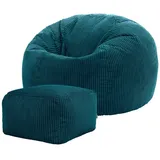 I.C.O.N. icon Sitzsack Erwachsene aus Cord „Kingston“ mit Hocker (Spar-Set, 1 x Sitzsack, 1 x Fußhocker), 85x50cm, Made in Germany, für Erwachsene & Kinder blau|grün