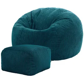 I.C.O.N. icon Sitzsack Erwachsene aus Cord „Kingston“ mit Hocker (Spar-Set, 1 x Sitzsack, 1 x Fußhocker), 85x50cm, Made in Germany, für Erwachsene & Kinder blau|grün