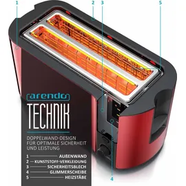 Arendo Toaster Langschlitz mit Display, Auftaufunktion, 1500W, integrierter Brötchenaufsatz, Rot