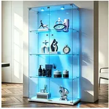 Simurq Glasvitrine Standvitrinen mit LED Beleuchtung Vitrinenschrank mit Glastür (glas vitrine mit 2 Glastür und 4 Lagen,Schloss,Kippsicherung) Sammlervitrine aus gehärtetes Glas,Modernes rahmenloses Design weiß