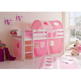 TICAA Hochbett Malte 90 x 200 cm inkl. Textil-Set und Matratze Kiefer massiv weiß rosa-pink