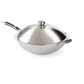 HENDI Wokpfanne, für HENDI Induktionwok 239766, Induktionskocher, Induktions-geeignet, 3-lagiges Material, Softgrip, Deckel ø360x180mm, Edelstahl