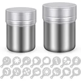 Puderzuckerstreuer-2 Edelstahl Kakaostreuer mit feinem mehlsieb & Deckel-Pulverstreuer zum Backen, Kochen, Zuhause, Restaurant mit 16 Druckformen, Spülmaschinengeeignet