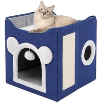 Faltbares Katzenhaus Großer Katzenhaus Höhle für Katzen und kleine Hunde mit Kratzbrett und Flauschige Kugel Blau