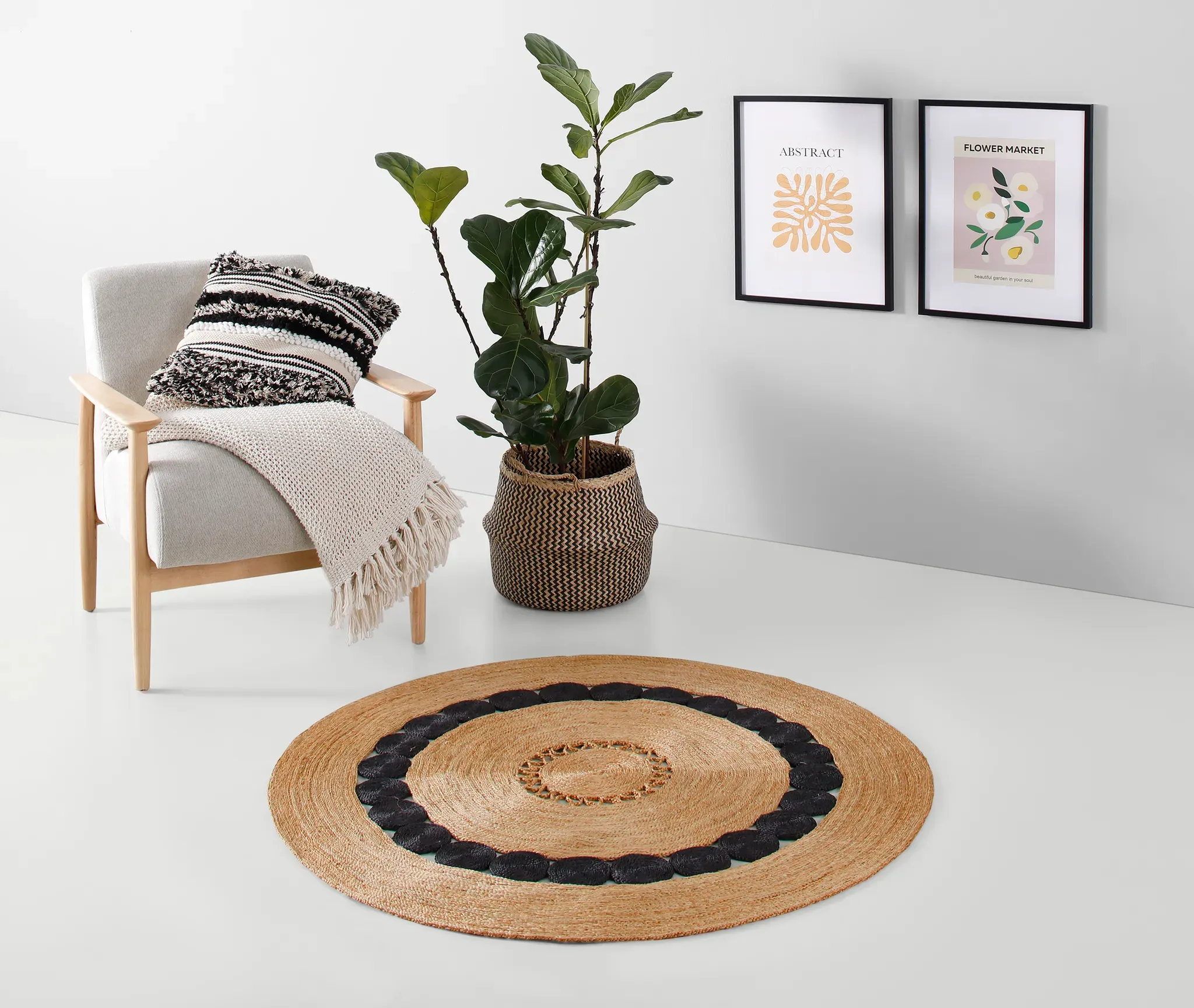 my home Teppich »Naturala, Jute-Teppich, handgefertigt«, rund, 5 mm Höhe, reines Naturprodukt, Jute, Boho, Wendeteppich, Wohnzimmer, Esszimmer my home natur, schwarz Ø 190 cm   1 St.