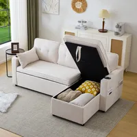Merax Sofa Ecksofa mit Schlaffunktion, Praktisches Schlafsofa mit Bettkasten, Schlafcouch mit Stauraum, Getränkehalter und Seitentaschen, Modernes L-förmiges Couch für Wohnzimmer, Schlafzimmer, Beige