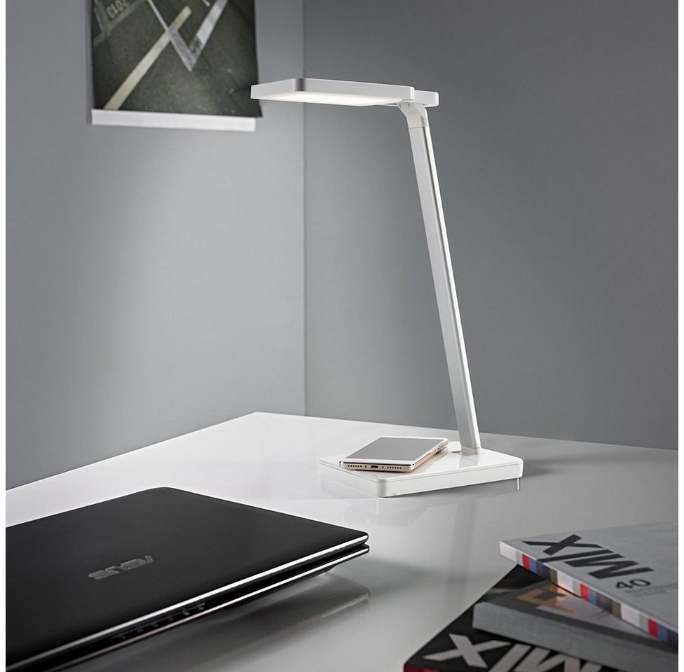MeLiTec Tischleuchte LED QI Schreibtischlampe T123, LED fest integriert, warmweiß, neutralweiß, kaltweiß, mit QI Ladefläche für das induktionsbasierte Laden von Smartphones weiß