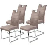 Hela Tische, 4er Set Schwingstuhl, Küchenstuhl Flora II, Microfaser Vintage Beige, Rundrohrgestell verchromt, Lehne mit Griff