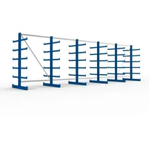 Meta Kragarmregal Atlas ST doppelseitig 6 Ständer 2000 x 500 x 6750 mm Tiefe + 2 x 5 Arme enzianblau