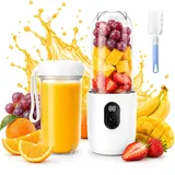 Tragbarer Mixer Smoothie Maker, 500 ml Mixer Smoothie Maker to Go mit Digitalanzeige, 16-Blatt Mixer to Go Elektrisch mit Reinigungsbürste, Wiederaufladbarem Smoothiemaker für Reisen, Weiß