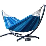 Potenza Outdoor Hängematte mit Verzinkter Gestell für 2 Personen I Baumwolle Doppelhängematte XXL 220x160, 200kg I Hängemattengestell 220kg, wetterfest (Blau, Basic Gestell Graphit)