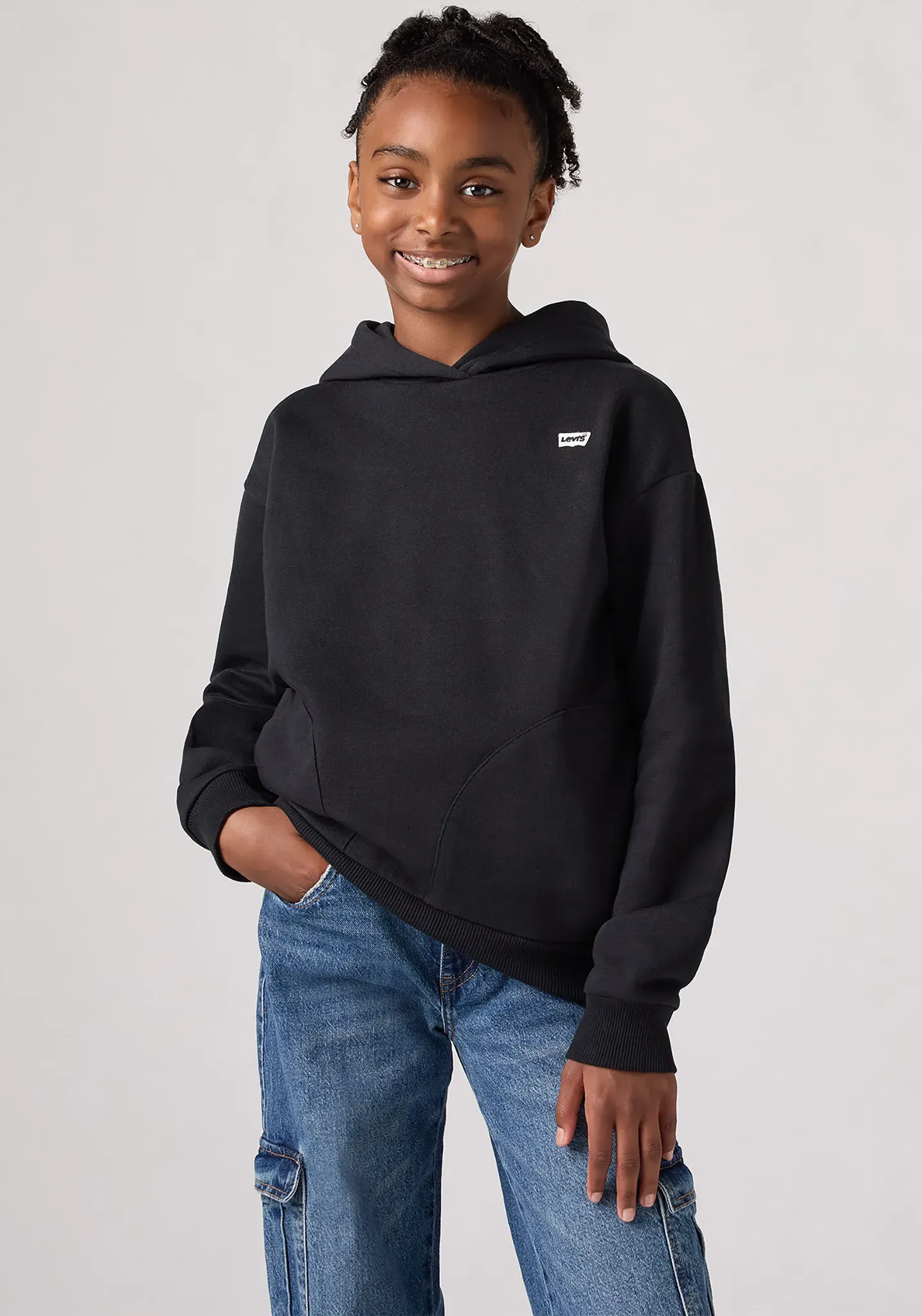 Hoodie LEVI'S KIDS, Mädchen, Gr. 8 (128), schwarz (jet schwarz), Jersey, Obermaterial: 83% Baumwolle, 17% Polyester, unifarben, angesetztes Bündchen, Sweatshirts Hoodie, mit seitlichen Taschen for GIRLS