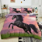Generisch Bettwäsche 155x220 cm schwarzes friesisches Pferd 3D-Druck Bettwäsche-Sets, Weich Mikrofaser Bettbezug 3-Teilig mit 2 Kissenbezüge 80x80 cm, Bettwäsche Set mit Reißverschluss