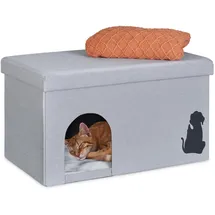 Relaxdays Katzenhöhle faltbar, 100kg belastbare Sitzbank, Deckel, Kissen, Hbt: 40,5 x 72 x 40,5 cm, Tierversteck, grau