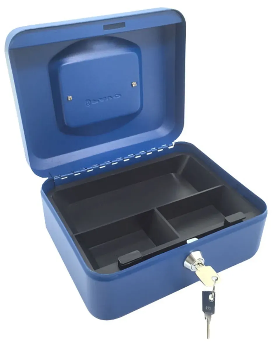 Geldkassette aus robustem Stahl mit herausnehmbaren Münzfächern 200 mm,  blau
