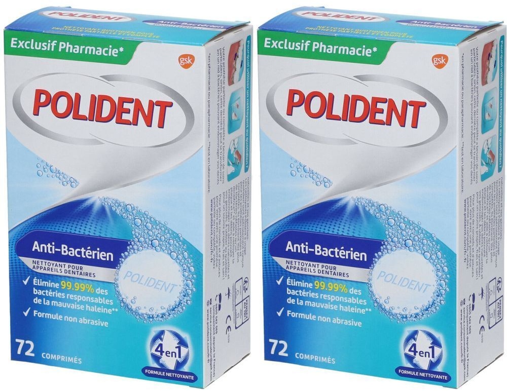 Polident® Anti-Bactérien nettoyant pour appareils dentaires 2x72 pc(s) comprimés effervescents