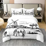 Pferd 100% Baumwolle Bettbezug 135x200,Western Cowboy Tröster Abdeckung für Teens,Windwill Bettwäsche Set,Hand Gezeichnete Illustration Stil Quilt Cover,Bauernhaus Pferd Schlafzimmer Dekor Bettbezug