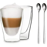 DUOS® Latte Macchiato Gläser Doppelwandig 2x 400ml + 2x Löffel, Doppelwandige Gläser, Cappuccino Tassen, Latte Macchiato Löffel, Eiskaffee Gläser, Doppelwandige Kaffeegläser, Cappuccino Gläser