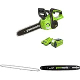 Greenworks Akku Kettensäge mit Akku und Ladegerät, 12 Zoll (30 cm) Blattlänge 40V 2Ah Akku + Greenworks 30cm Ersatzkette für Kettensäge+ Greenworks 30cm Original Führungsschiene für Kettensäge