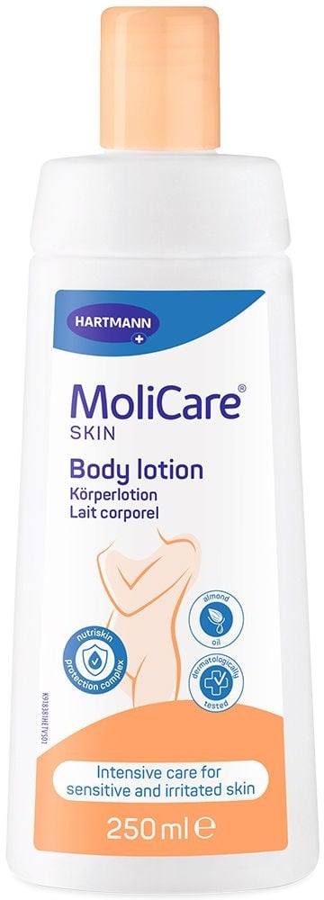 MoliCare Skin Körperlotion, Bodylotion, Hautpflege, mit natürlichem Mandelöl. Intensive Pflege für belastete Haut.