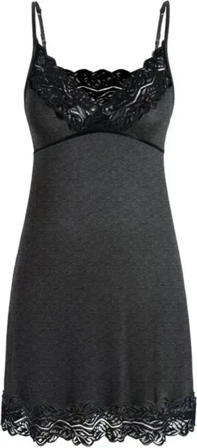 Dunkelgraues Trägerkleid mit breitem Spitzen-V-Ausschnitt, Größe L