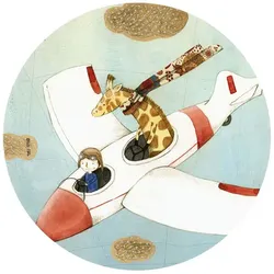 K&L Wall Art Vliestapete »Runde Vliestapete«, Loske Flugzeug Giraffe Kinder, mehrfarbig, matt - bunt