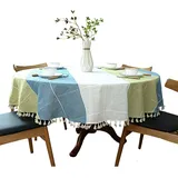 schwere Baumwolle Leinen Tischdecke, rund, kariert, Quaste, für Küche Esszimmer Tischdekorationen, Durchmesser - 180cm, Blau und Grün