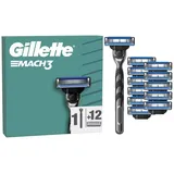 Gillette Mach3 Basis Rasierer für Männer, 1 Gillette Rasierer,12 Ersatzklingen, Mit Gleitstreifen für ein sanftes Gleiten und NEUER Klingenbeschichtung, für weniger Hautirritation