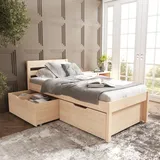 Hansales Seniorenbett 90x200 cm Anu mit Zwei Unterbettboxen, Bettgestell aus massivem FSC® Birken Holz ohne Rollrost in Naturfarbe, belastbar bis 350 kg - Einzelbettgestell mit Kopfteil