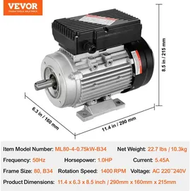 Vevor 0,75 kW Elektromotor 1400 U/min B34-Rahmen einphasig