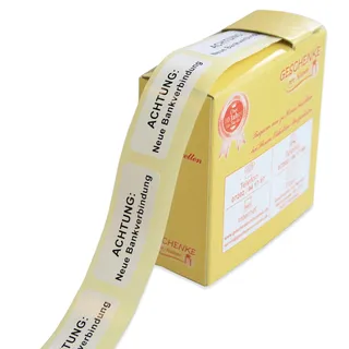 Geschenke mit Namen 1488 300 Etiketten"Achtung: neue Bankverbindung", Schwarze Schrift auf weißem Grund auf der Rolle im praktischen Spender, je circa 51 x 19 mm, weiß