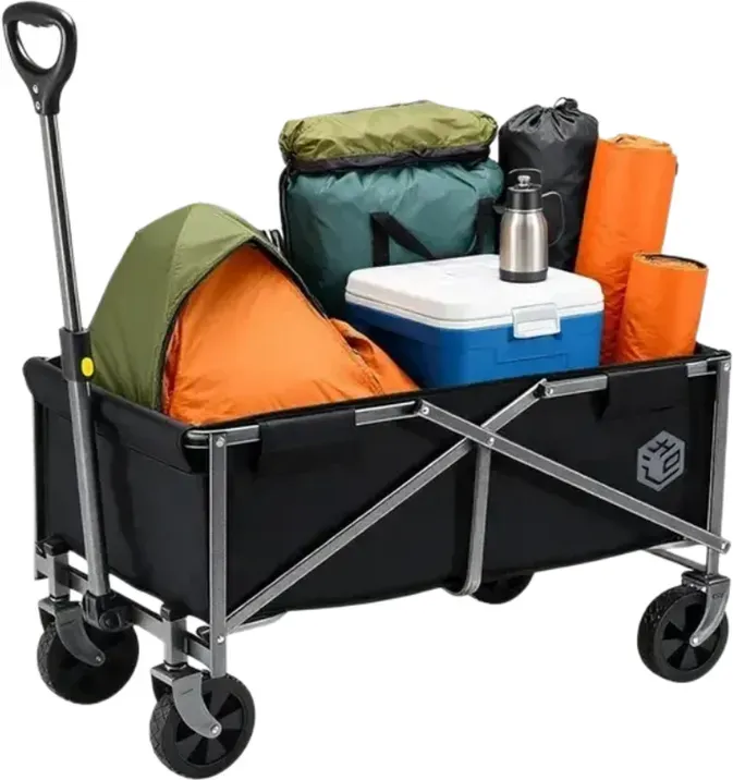 【Hohe Qualität】ochama Klappbarer Campingwagen 75L Schwarz, 100kg Tragfähigkeit, 150L Stapelkapazität, 360° drehbare Räder, sofort zusammenklappbar, abrieb- und kratzfestes 600D Oxford-Gewebe, Spritzlack-Oberfläche, für Camping, Picknick, Marktstand, Einkaufen