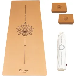 Kork Yogamatte im Set mit 2 Blöcken. LOTUS Design braun 183 CM