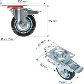 HMF 6790 Schwerlastrollen mit Bremse aus Vollgummi, 4 Stück, 75 mm, bis 200 kg, Schwarz