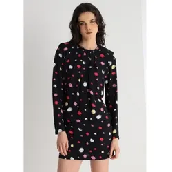 Victorio & Lucchino, V&L für Damen. 340308106 Bedrucktes kurzes Kleid mit Falten im Brustbereich (XS), Schwarz, Lässig, Viskose, Langarm