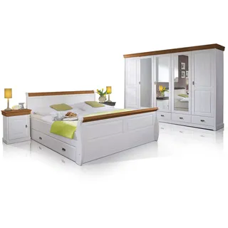Schlafzimmerset Bett Bettkasten Schrank Nakos ROMAN Massivholz Kiefer weiß/honig