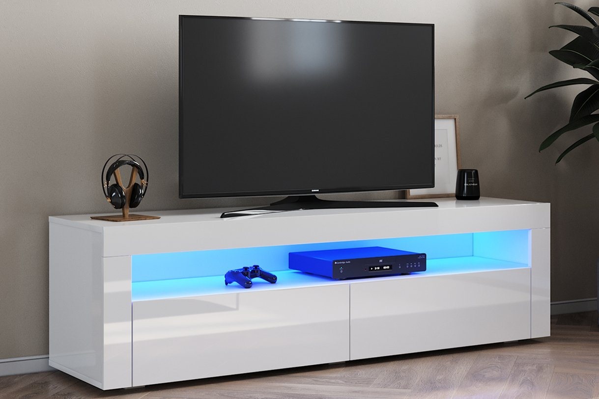 SONNI Lowboard TV Schrank Weiß Hochglanz mit LED-Beleuchtung Breite:120/130/135/155cm, sideboards, tv schrank in wohnzimmer, Lowboard weiß 155 cm