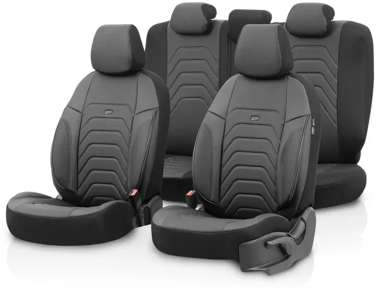 Komplettes Luxus-Polster-Set OTOM aus Textil und Kunstleder (CORE Design) – Schwarz mit grauer Naht, für Vorder- und Rücksitze