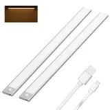 Klighten 2 Stück Schrankleuchten mit Bewegungsmelder, 60cm LED Nachtlicht mit 113 LED, USB Wiederaufladbar Batterie Schranklicht für Schlafzimmer Flur Küche, Auto/ON/OFF, Warmweiß, Silber