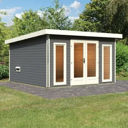 Karibu Aktionsangebot (inkl. 100 Euro Zubehör): Holz Gartensauna / Saunahaus "Mainburg 3",naturbelassen,369 x 369 x 229 cm (B x T x H), 3 Bänke