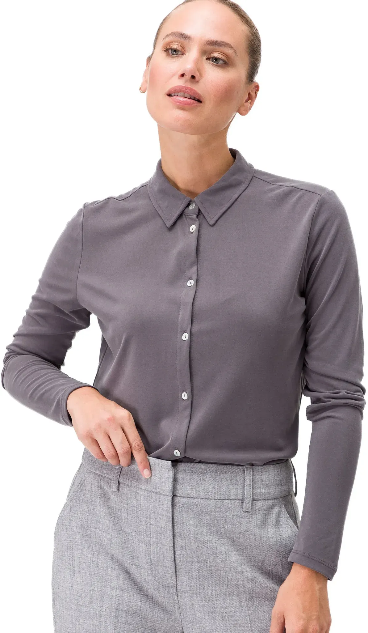 Kurzarmshirt ZERO "zero Langarmshirt mit Knopfleiste", Damen, Gr. 38, grau (forged iron), Jersey, Obermaterial: 78% Modal, 22% Polyester. Ärmelfutter: ohne Futter., unifarben, casual, figurbetont normal, Langarm eng, Shirts, Knopfleiste