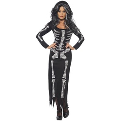 Smiffys Kostüm Knöchellanges Knochenkleid, Figurbetontes Skelettkleid für düstere Damen schwarz XL