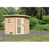 Karibu Saunahaus Außensauna Gartensauna Mikka mit Eckeinstieg unbehandelt ohne Zubehör 38mm Massivholz 231x196x226 cm mit Milchglas Tür