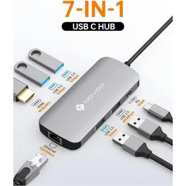 NOVOO USB-C-Hub, 7 in 1, Adapter USB C auf HDMI, 4 K, USB-C-Hub mit Ethernet, 4 x USB, 100 W PD Ladeanschluss, Mulitport Dock USB C Adapter kompatibel mit MacBook Pro MacBook Air