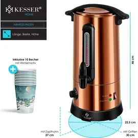 Kesser KESSER® Glühweinkessel 10L Edelstahl Inkl. 10x Becher Glühweinkocher mit Thermostat Glühweinautomat Heißgetränkeautomat Wasserkocher Heißwasserspender Einkochautomat Füllstandanzeige Zapfhahn