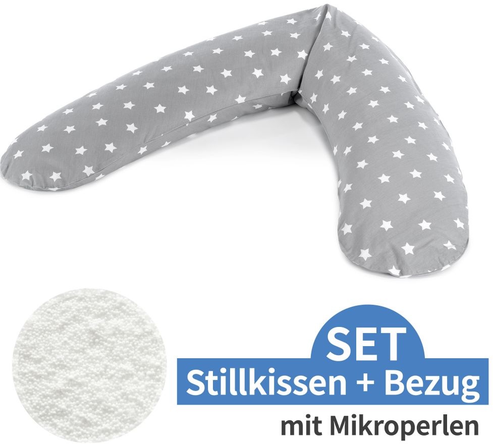 Theraline Stillkissen Das Komfort mit Mikroperlen-Füllung inkl. Bezug 180 cm - Big Stars - Grau