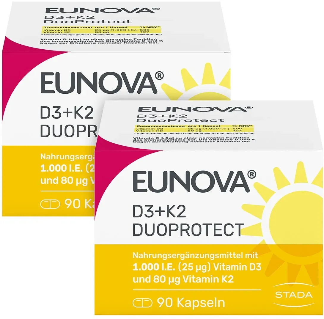 Eunova® D3 + K2 DuoProtect – 1.000 I.e.  Nahrungsergänzungsmittel zur normalen Funktion des Immunsystems & Erhaltung normaler Knochen - Jetzt 10% Rabatt mit dem Code stada2024 sparen*