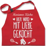 Kinderschürze Schürze Kinder Jungen Mädchen - Kochschürze - Hier wird mit Liebe gekocht mit Name I Geschenk Kochen - 7-14 Jahre - Rot - kinderkochschürze koch sprüche kinderkochschürzen kind - 7-13 Jahre