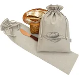 MARKUS Linen - 2er Set: Brotbeutel Leinen 29 x 43 cm mit Brot Motiv für Brot, Brötchen und Baguettebeutel 18 x 70 cm - Set mit Brotmesser aus Holz - Stoffbeutel mit Kordelzug für Brotaufbewahrung