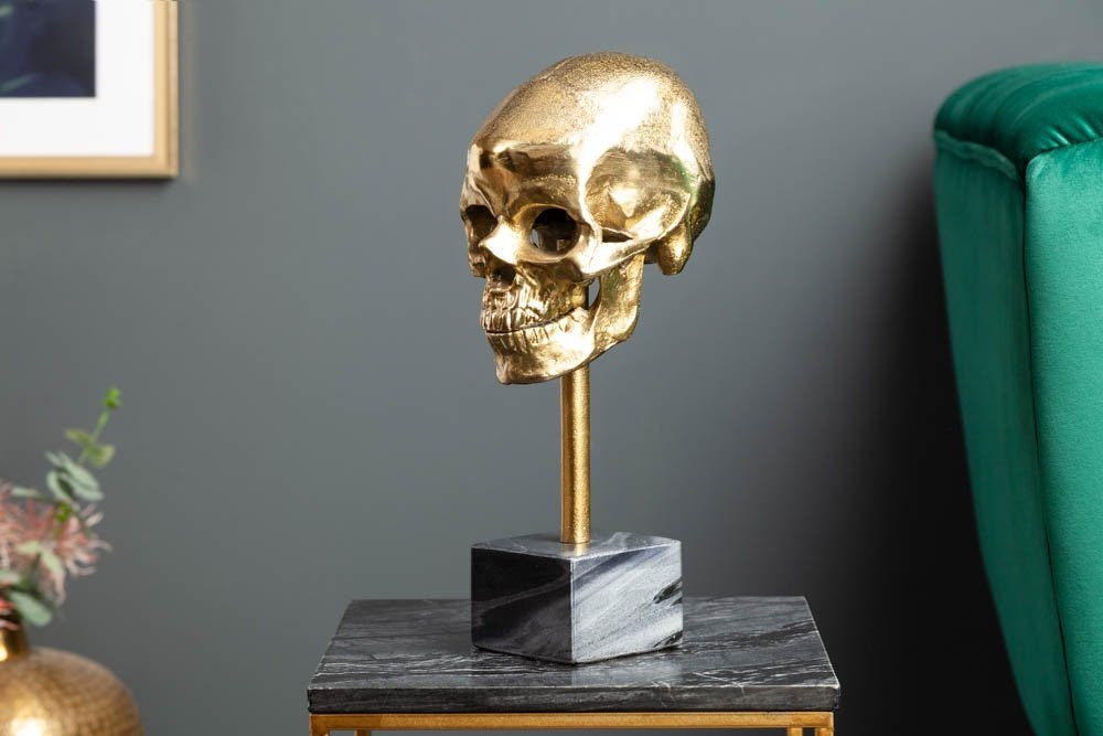 riess-ambiente Dekofigur SKULL 35cm gold / grau (Einzelartikel, 1 St), Metall-Schädel · Totenkopf mit Marmor-Fuß · Skulptur · Wohnzimmer goldfarben